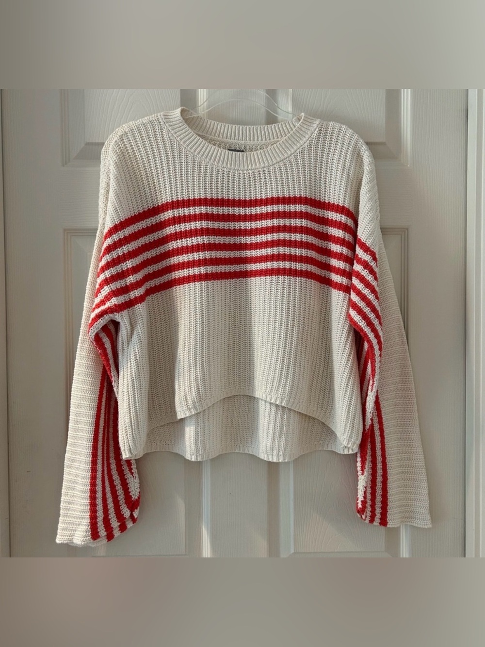 aerie Cream Sweater with Red Stripes & bell sleeves Size Small